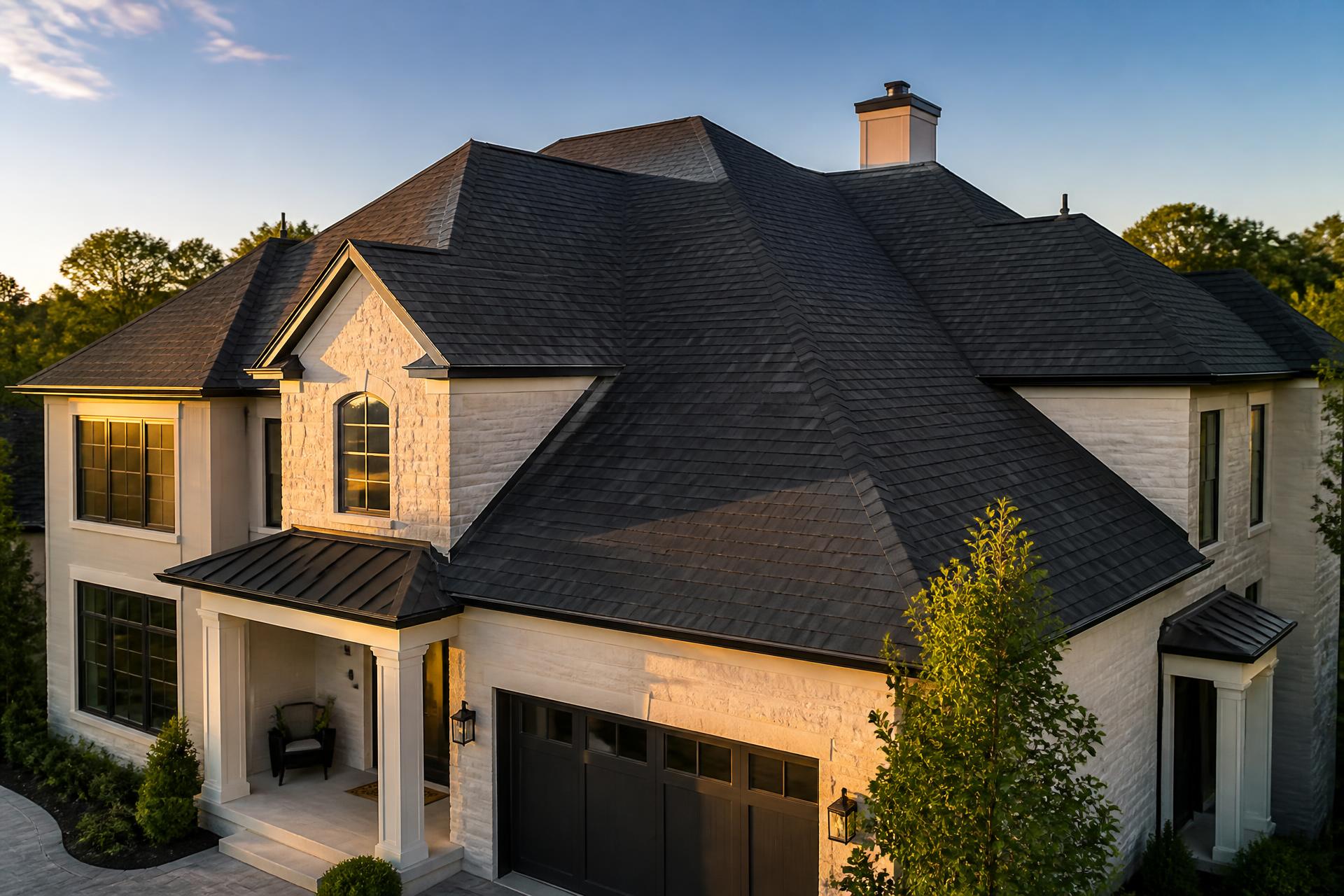 Newly installed architectural shingle roof at golden hour