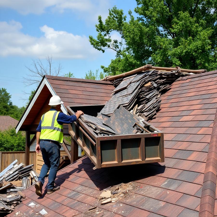 Roof tear-off and debris removal in progress