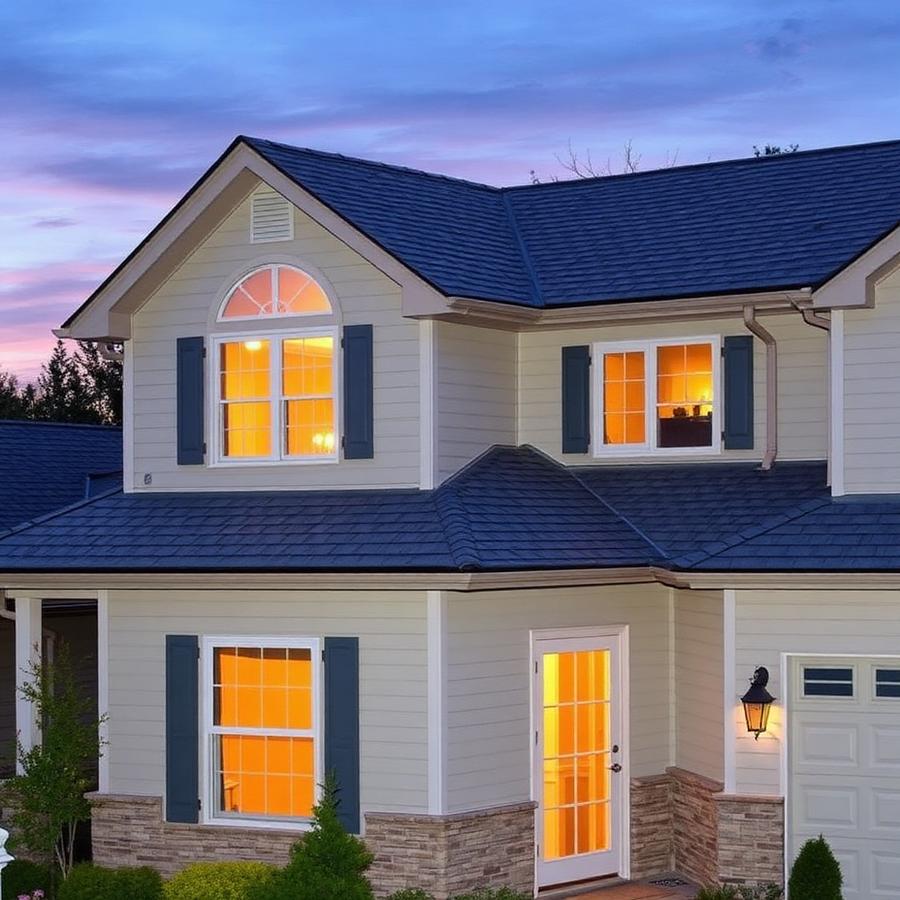 Completed shingle roof on a two-story home at dusk